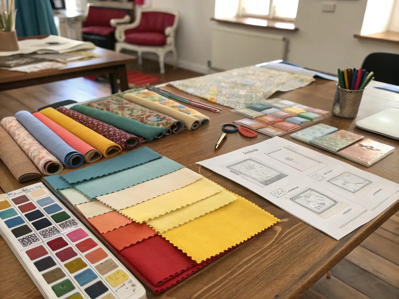 A designer sketching a custom furniture piece in a sunlit studio, surrounded by material samples and design tools.